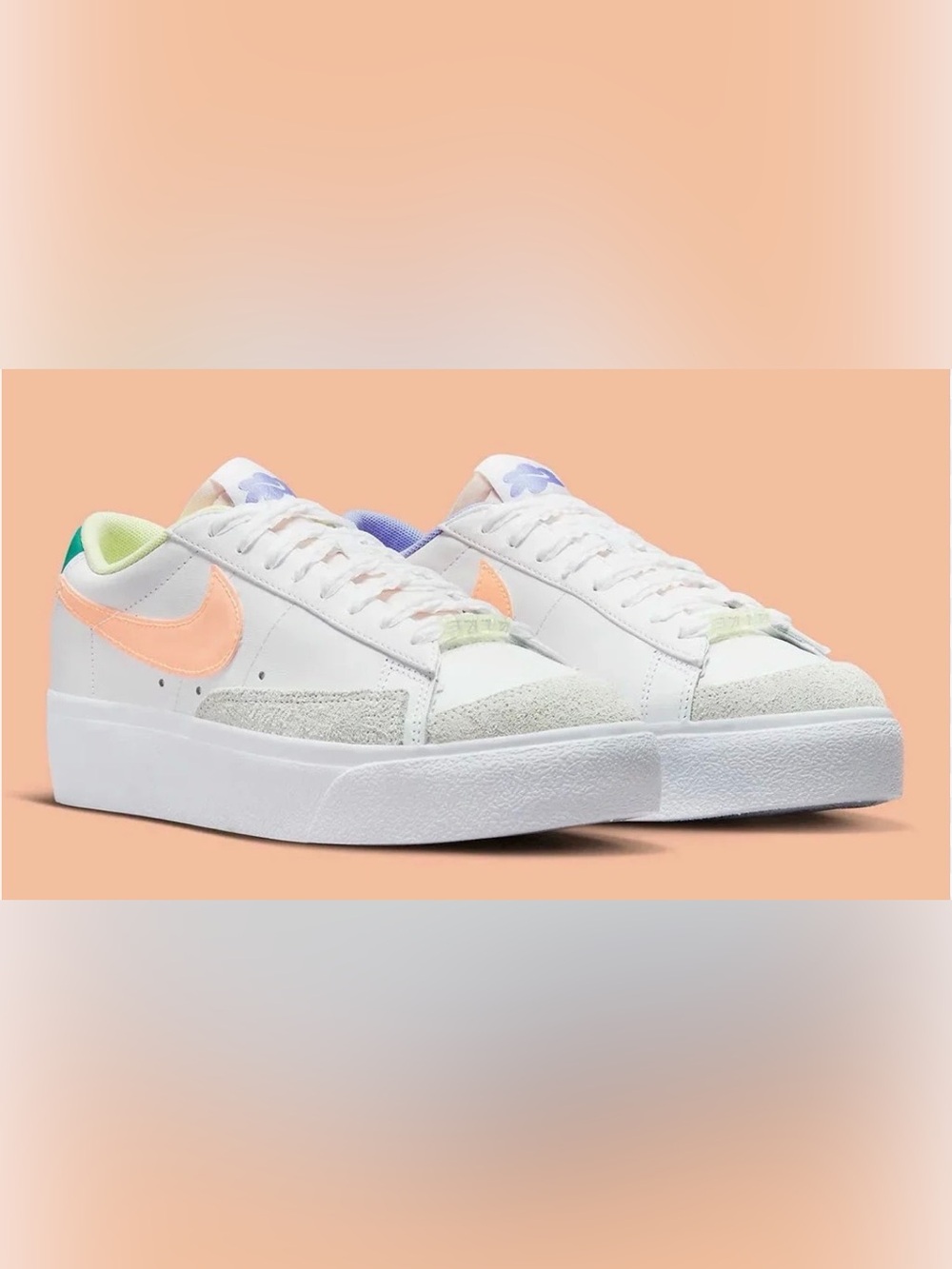 Nike Women’s White Sneakers with Peach Swoosh and Lavender Detail